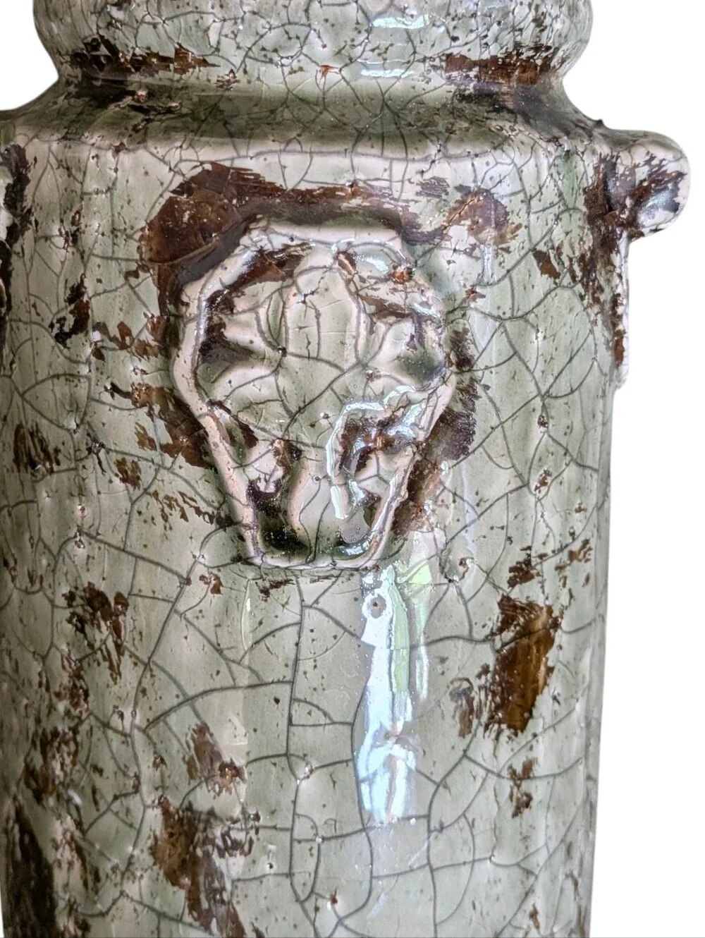 French Crackle Glaze Stoneware Vase - Distressed Green Fleur De Lis Decor Farm